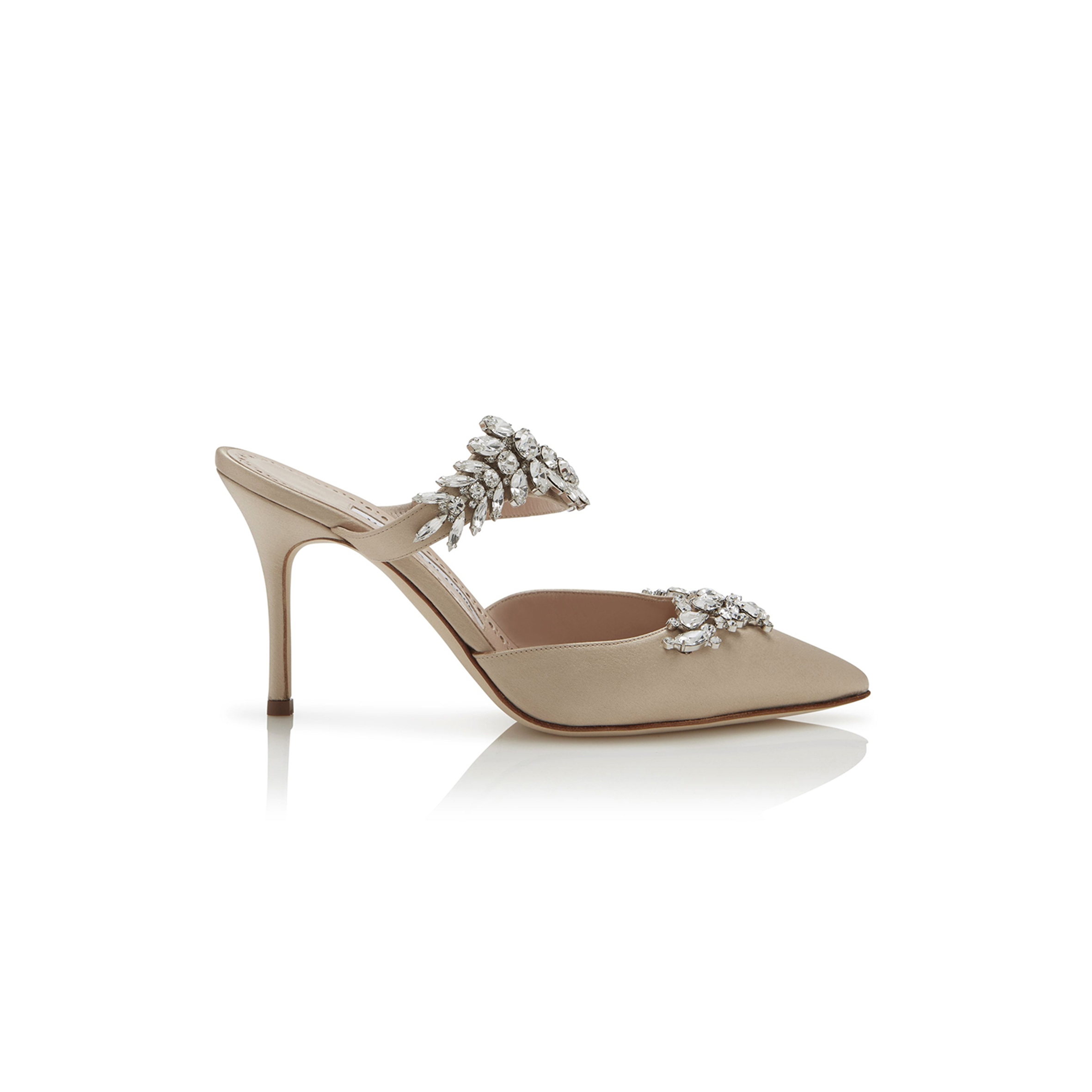 MANOLO BLAHNIK LURUMUS CHAMPAGNE SATIN CRYSTAL EMBELLISHED MULES 9XX-0362-0032